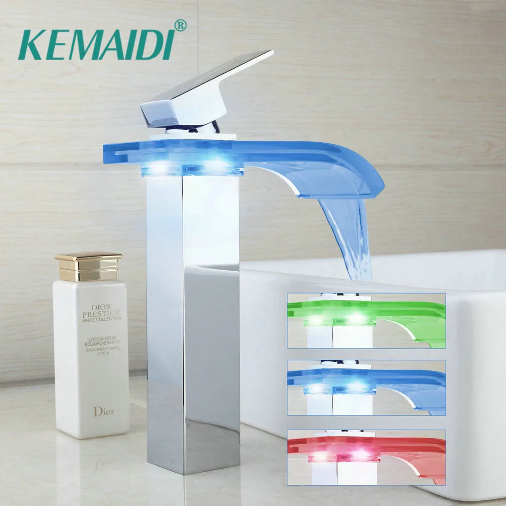 KEMAIDI LED Faucet Bathroom Basin Faucet Brass Chromed LED Waterfall Taps Water Power Basin Led Tap Mixer 3 Colors Change Tap