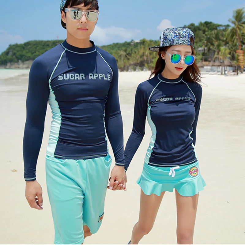 

Couples Swimwear Rash Guards Men Women Long Sleeve Shirt skirt Shorts Blue Solid Color Surfing Bathing Suit Rashguards , 2 Piece