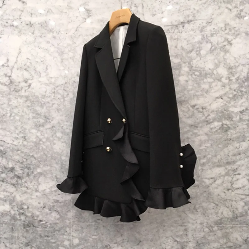 2019 Spring Dress New Korean Version Fashion Lotus Leaf Side Bundle Waist Suit Double Row Buckle High-grade Suit Overcoat Woman