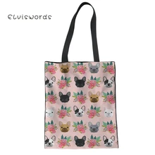 ELVISWORDS женские многоразовые льняные сумки с милым принтом бульдога, большая Холщовая Сумка для хранения, сумка на плечо для подростков, Повседневная сумка для покупок