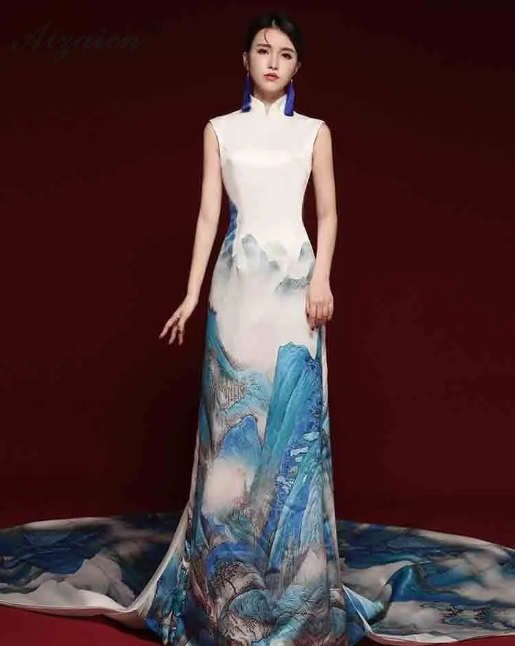 Новинка 2019 года этап шоу Длинные Cheongsam Современная нация ветер хост Qi ПАО для женщин Oriental вечернее китайское платье-Ципао Chinoise белый хвост