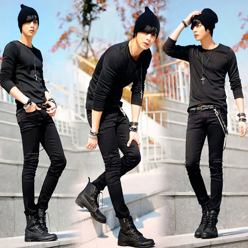 Лидер продаж Мужские корейский дизайнер черный Slim Fit джинсы для женщин в стиле панк супер узкие брюки с цепочкой