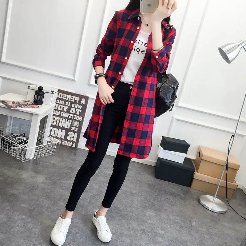 2018 خريف شتاء جديد عارضة فضفاض طويل بلوزة الإناث طويلة الأكمام الأحمر الأخضر الأزرق منقوشة قميص المرأة قمم الملابس blusas