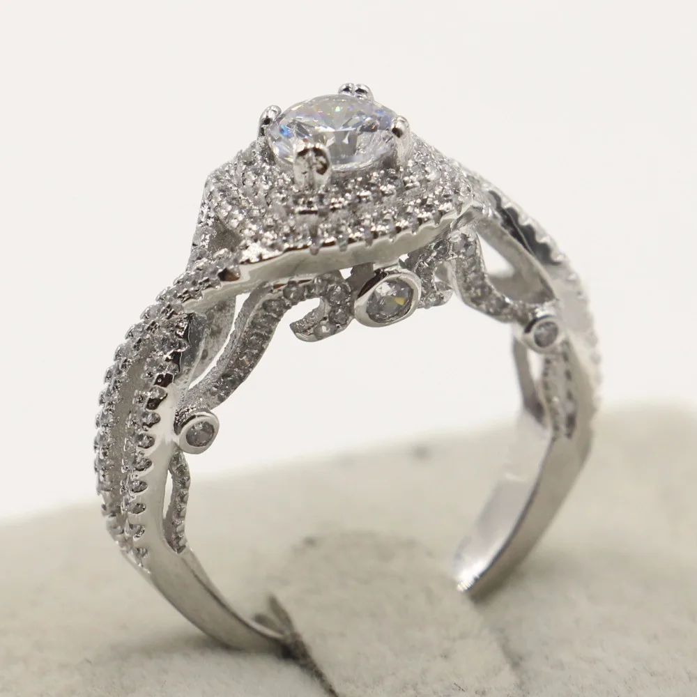 

Vintage Fashion Jewelry 925 Sterling Silver Fill Round Cut 5A Cubic Zirconia CZ Promise Ring Engagement Band Ring for Women Gift