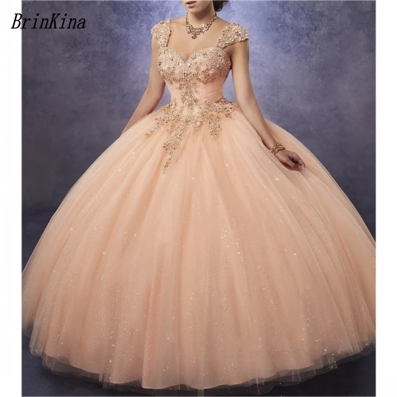 

Brinkina 2019 Sparkling Tulle Quinceanera Dresses Ball Gown Sweetheart Coral Lace with Beads Detachable Straps Girl Party Gown
