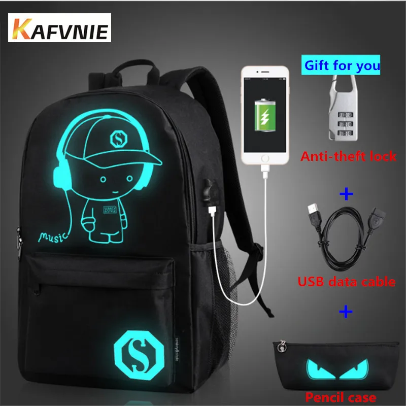 

KAFVNIE Men's Charging Backpack Luminous Students School Bags External USB Charge Laptop Backpacks Teenagers Casual Travel demon