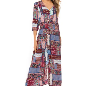 

Women Long Maxi Dresses Bohemian V-neck Three Quarter Sleeve Lattice Print Ethnic Beach Female Button With Belt Dress #L20