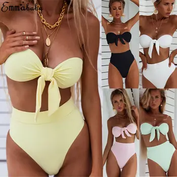 Hirigin Strapless Bandage Bikini 2019 Women Swimwear Bust Bowknot Push Up Padded Biquini High Waist Women Swimsuit Bathing Suit 1