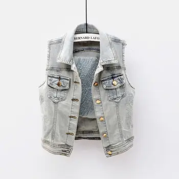 

Elasticity Denim Vest Women Sleeveless Jacket Spring Autumn Plus size Cardigan Jeans Vest Short Ladies Waistcoats Coats Female