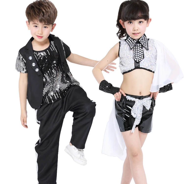 5 шт./партия,, черные Детские джазовые костюмы с блестками, Детская Одежда для танцев в стиле хип-хоп для мальчиков и девочек одежда в стиле хип-хоп