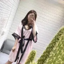 Сексуальное ночное белье кружевное лоскутное атласное платье короткий женский рукав Глубокий V халаты полоса сексуальная пижама для ванны