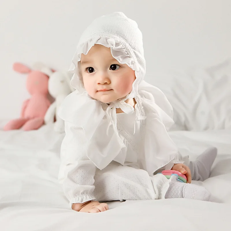 

Baby Girl Cotton Romper With Cap Set Ruffle Lace Collar 1piece Overall White Pink Coverall Infant Girls Clothes Gift Set Born 3m