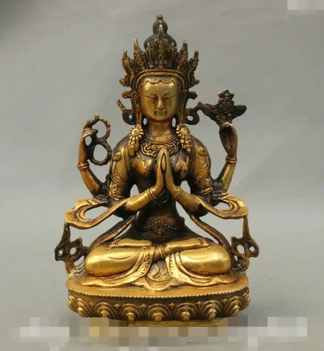 

S7299 8 Tibet Temple Bronze Gilt 4 Arm Chenrezig Avalokiteshvara GuanYin Buddha Statue D0317