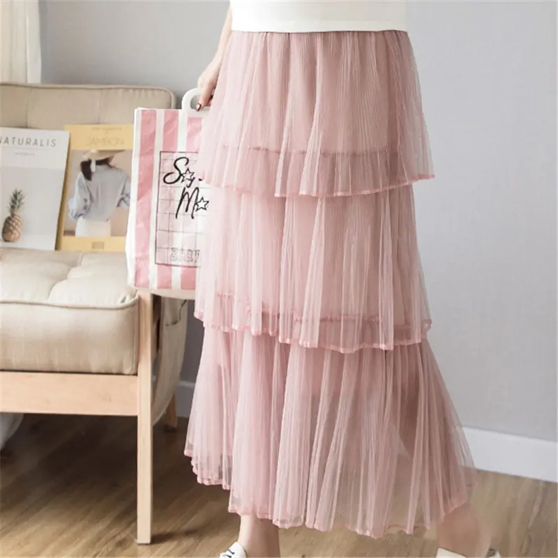 HziriP Hot Sale Pregnant High Waist Mid-Calf Mesh Maternity Fresh Summer New Style Solid Simple 3 Colors Plus Size Skirts - Цвет: pink