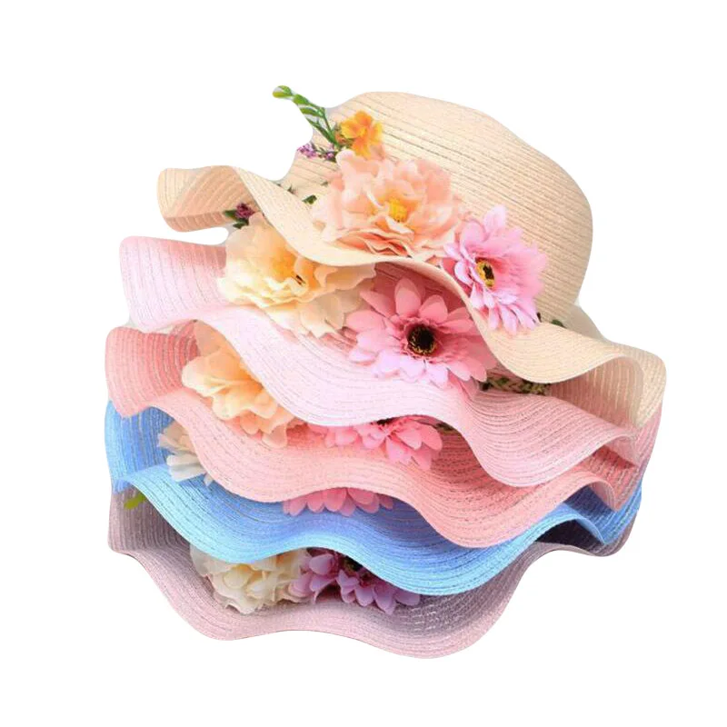 

2018 Summer Children Flower travel cap Simple Wavy large brimmed straw hat boys girls Beach Hats age for 3-8 years old