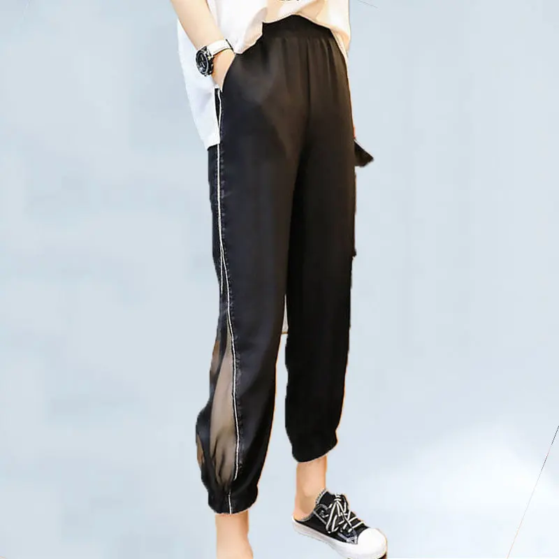 

Summer Sports Harem Pants Woman Thin Loose 2019 New Chiffon Bloomers Mesh Stitching Hollow Casual Nine Points Women Pants 159
