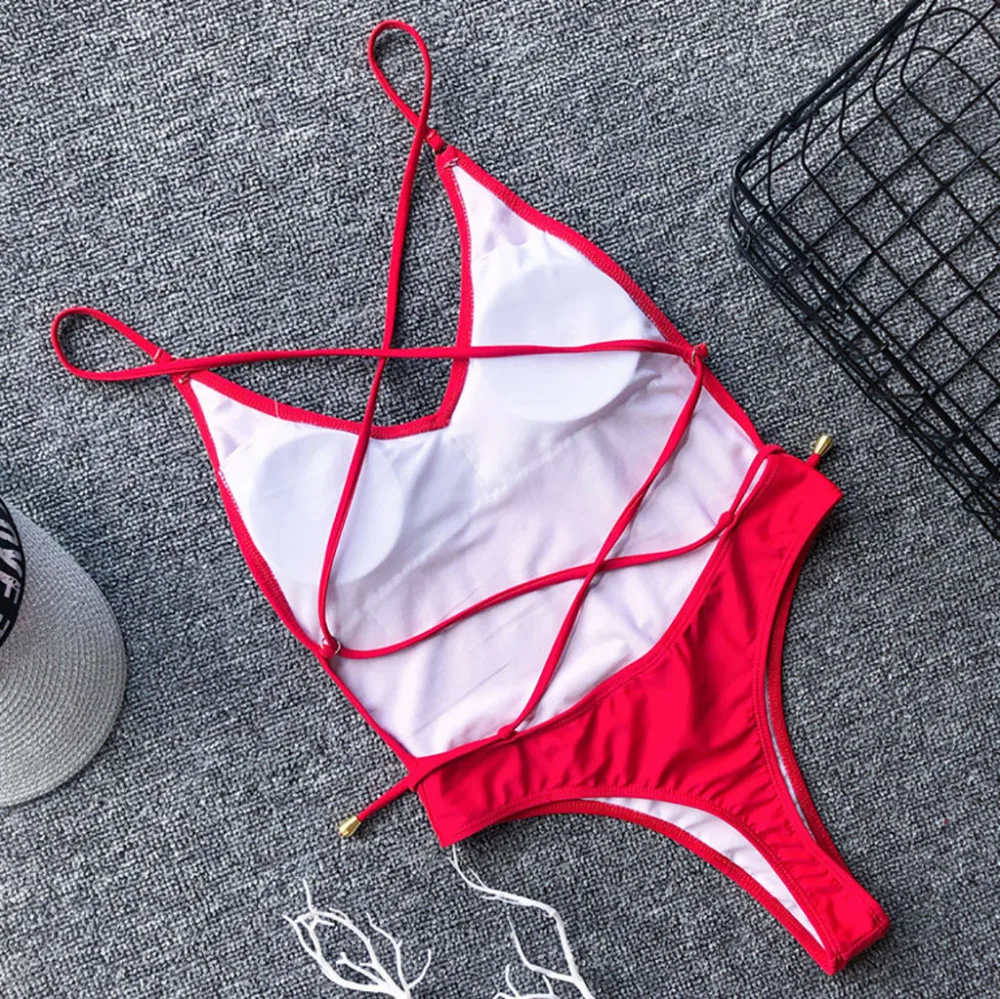 2019 women's drawstring halter one-piece sexy bikini set summer solid color sexy swimwear push up bikinis e fatos de banho 40J13 (19)