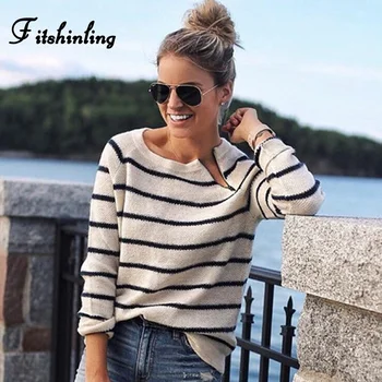 

Fitshinling Casual stripes lady's sweater knitwear zipper black white slim jumper long sleeve basic sweaters for women pullovers