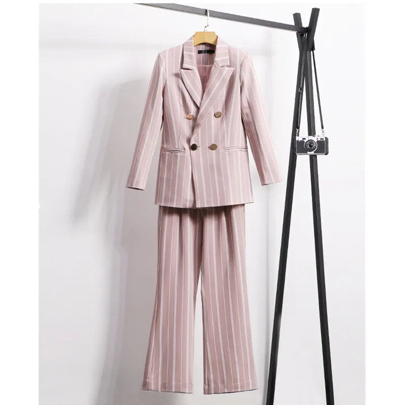 18 (1)         280           Women's suit new women's striped pink jacket with wide leg pants women's fashion casual double-breasted suit 2 sets (jacket + pants)