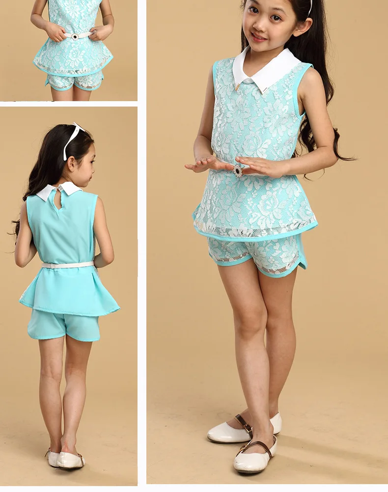 4-13Y Fashion Girls Clothes Set 2018 Summer Lace Flower Kids Outfit Girl Sleeveless Top Shorts Belt 3Pcs Suits Children Clothing (9)