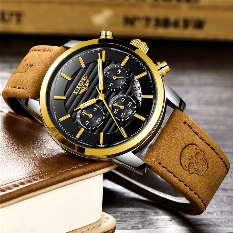 Relogio Masculino LIGE Fashion Watch Men Sport Military Clock Mens Watches Top Brand Luxury Quartz Waterproof Leather Gold Watch