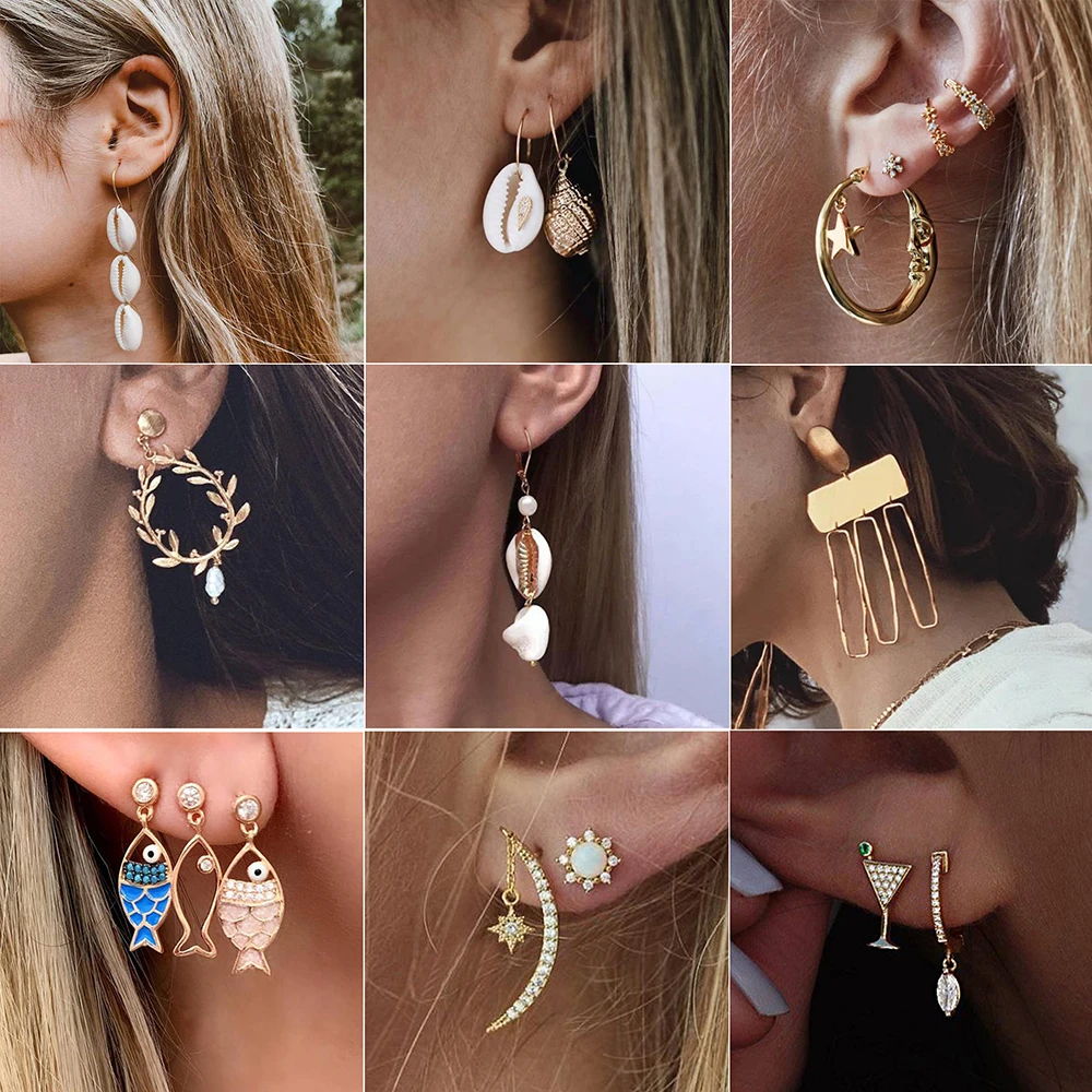 

30 Styles Boho Crystal Moon Stars Shell Flower Stud Earrings Set for Women Mix Design Leaf Flower Aros Wedding Bohemian Jewelry