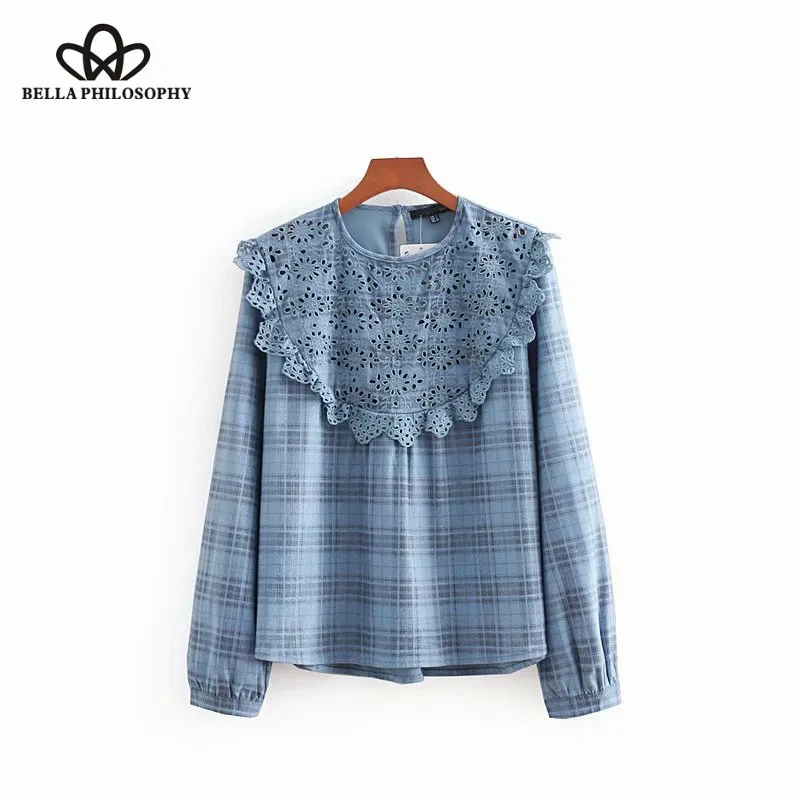 Wonder 2018 new autumn vintage lace hollow out embroidery plaid casual smock blouse shirt women fashion chic blusas pleats  tops