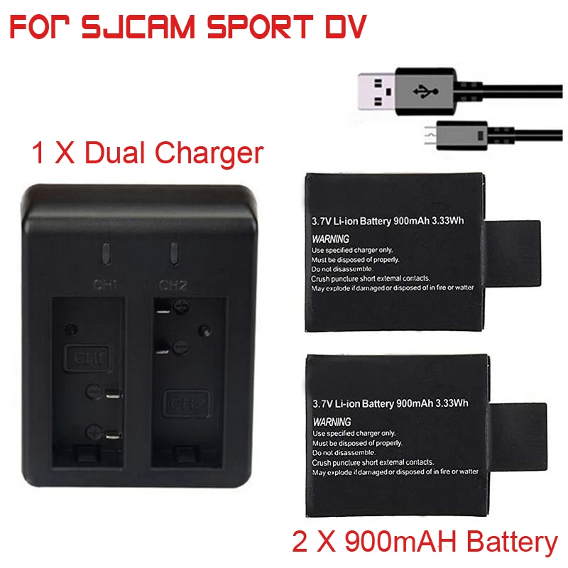 

Newest 2pcs/set 3.7V 900mAh SJ4000 SJ5000 SJ6000 Battery + Dual Battery Charger for SJCAM SJ 4000 5000 Camera Accessories