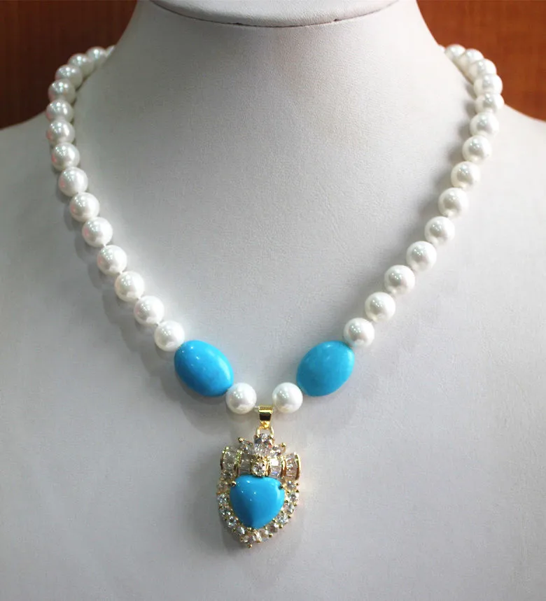 

charm lady's 8mm white shell pearl mixed blue turquoise stone necklace and designed heart shape pendant necklace for gift ##a #a