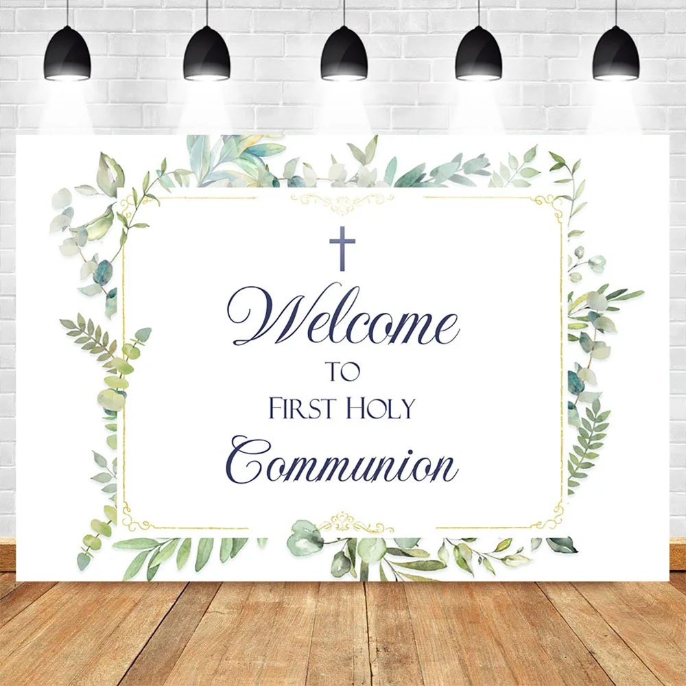

Welcome to First Holy Communion Theme Party Photo Background for Photography White Pure Holy Cross Leaves Customized Backdrop