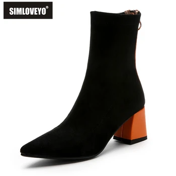 

SIMLOVEYO Women boots Ankle boots Keep warm Pointed toe Flock Zipper feminino Botas Mujer Thick High Heel Boots Flock B768