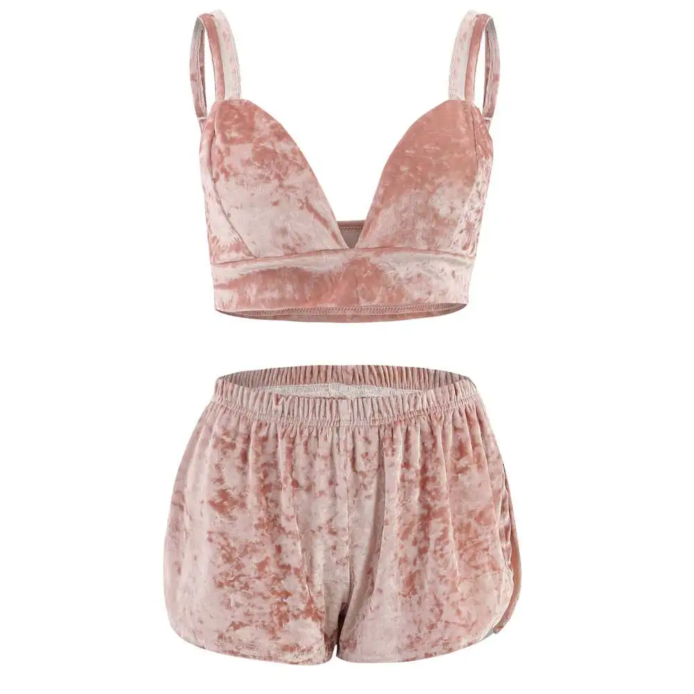 

2019 Brand New Pink Velvet Sexy Two Piece Set Crop Top Shorts Beach Holiday 2 piece Matching Suit Tracksuit Club Outfit VKSU1032