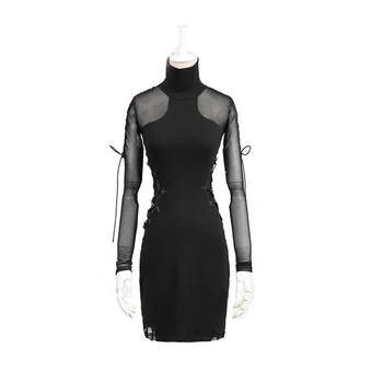 

Punk Women See Through Bodycon Evening Party Dress Black Sexy Slim Mini Dress Turtleneck Long Sleeve Casual Dresses