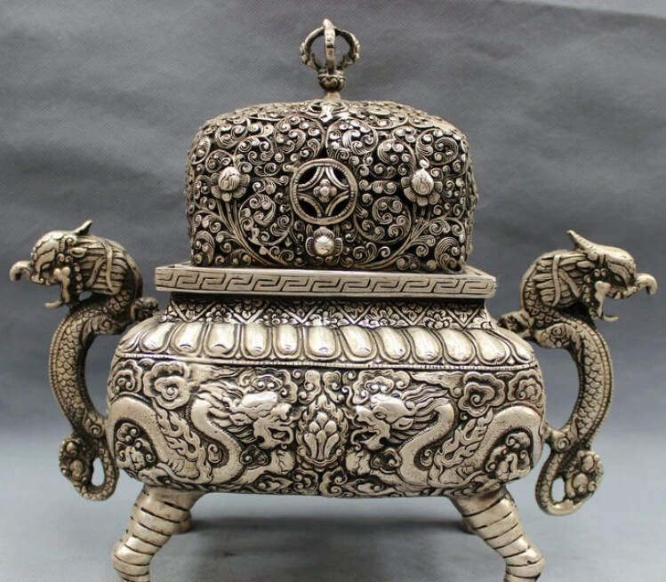 

JP S0610 11"Tibet Silver Buddhism FengShui Vajra Dragon Ball Statue Incense Burner Censer B0403