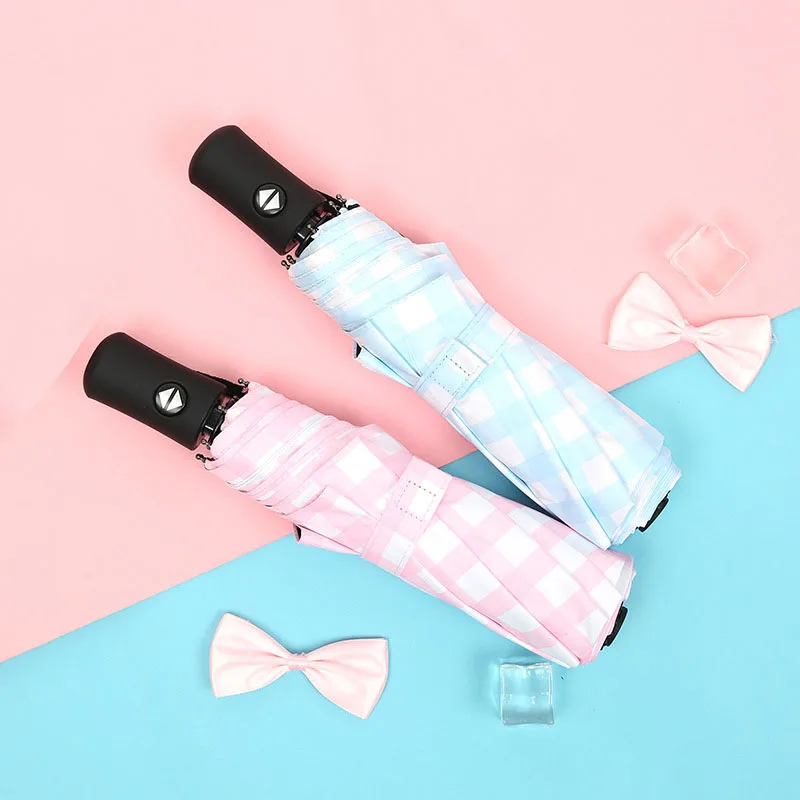 

Women Beautiful 3-Folding Windproof Anti UV Sunny Rainy Umbrellas Blue Pink Plaid Umbrella Betty Boop