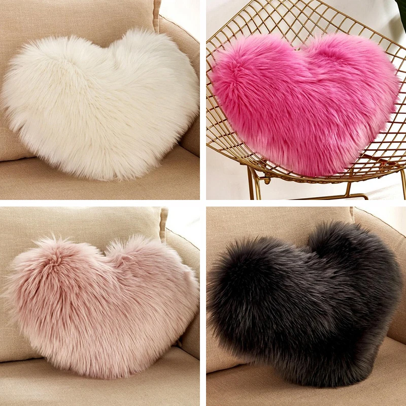 4PCS High Quality Solid Plush Furry Throw Pillow Case Heart Pillow