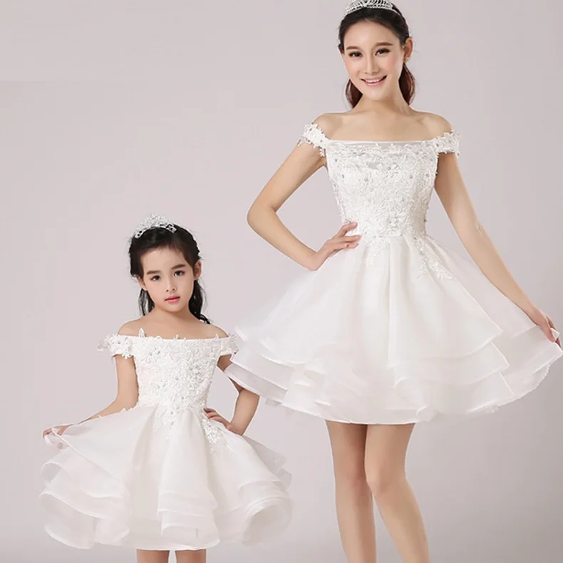 

white flower children's dress mother and daughter wear pink word shoulder parent-child wholesale