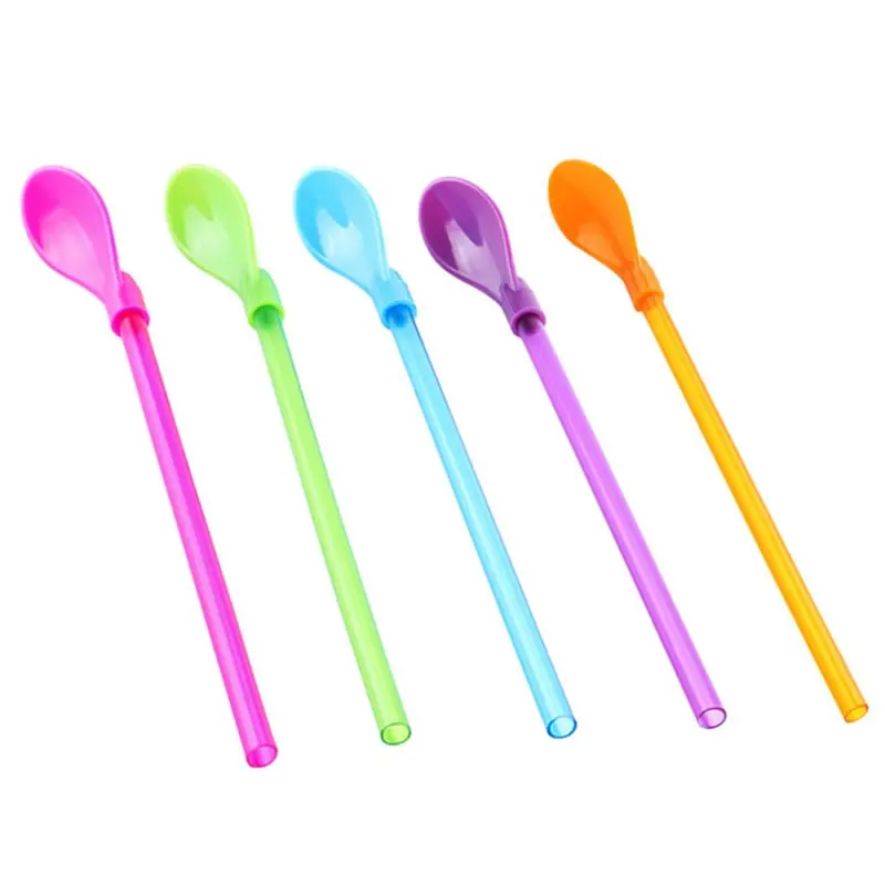 10Pcs 2in1 Plastic Straw Spoon Colorful Drinking Straw Spoon For Gourd