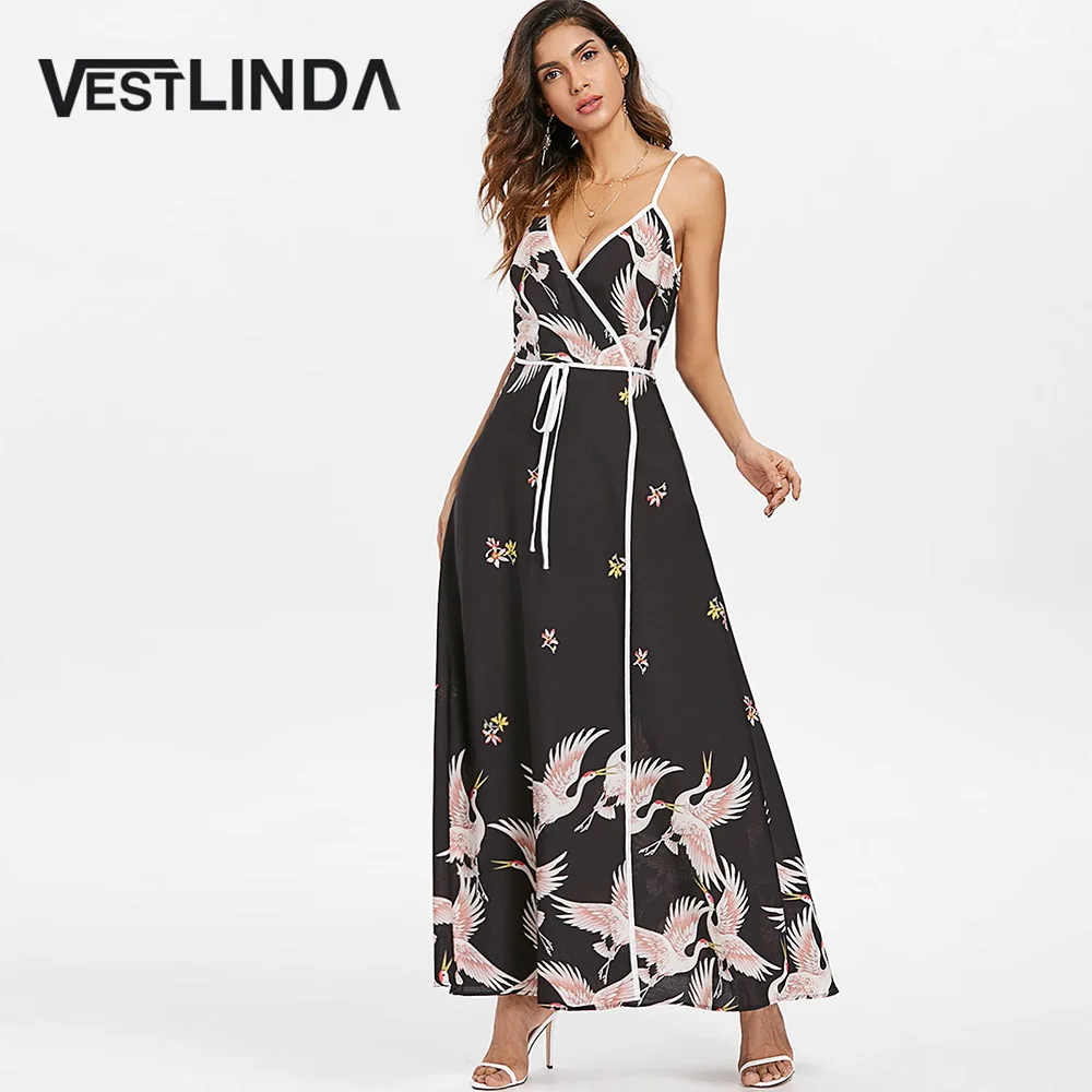 

VESTLINDA Flying Birds Print Cami Straps Long Wrap Long Summer Dress 2018 Female Black Dress Mujer Spaghetti Strap Robe Femme