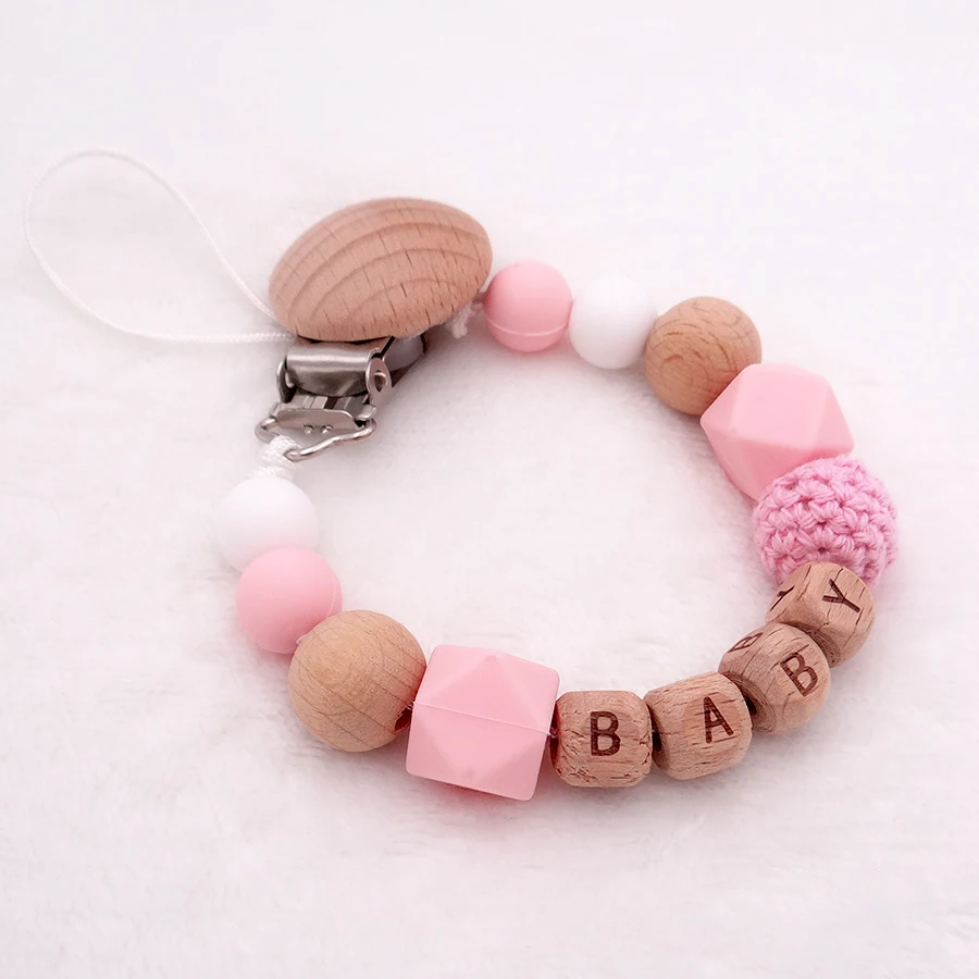 Pacifier Clip Handmade Free Personalized Name Silicone Wood Pacifier Clips Safe Teething Chain Baby Teether Eco-friendly Dummy Clips Holder
