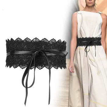 

Fashion Black/White Lace Belts For Women Faux Leather Wide Belt Female Bowknot Weaving Belt Boho Waist Band ceinture femme