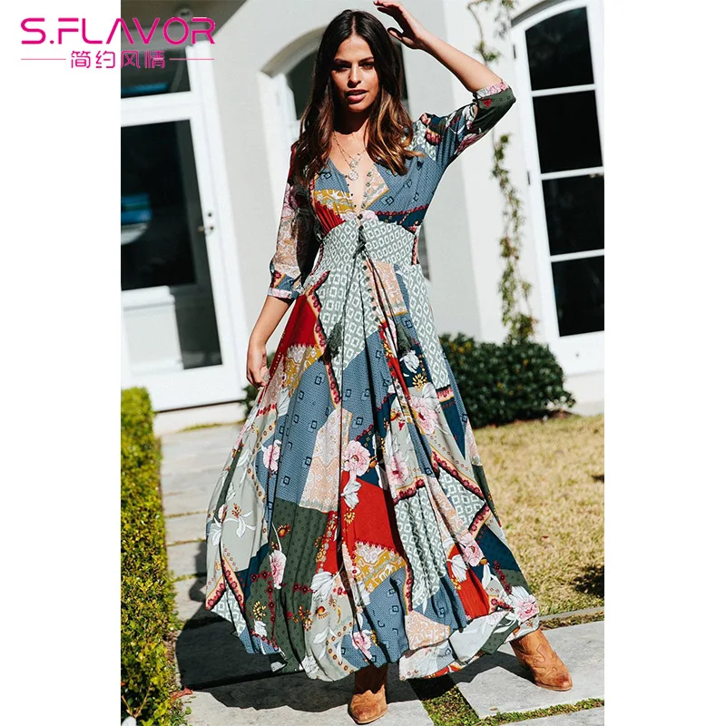 

S.FLAVOR New Women Clothing Three Quarter Sleeve Bohemian Boho Long Dresses V Neck Floral Print Retro Slim Party Vestidos