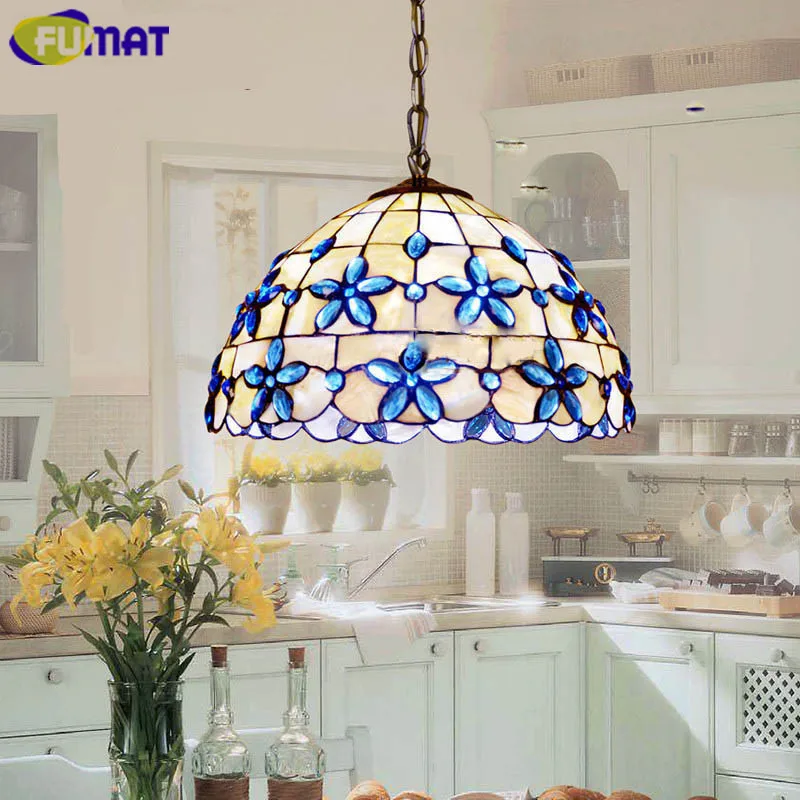 

FUMAT 8/12/14/16 Inch Lilac Shell Lampshade Pendant Light Fixtures European Dinning Room Light Blue Lilac Bar Hanging Lamp