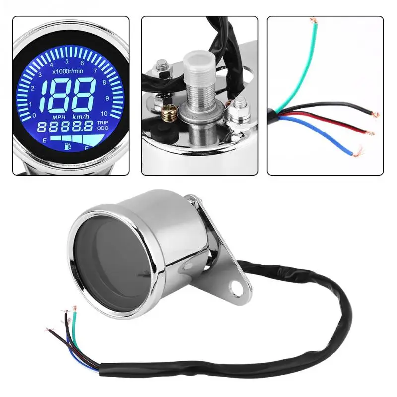

Universal Motorcycle Digital 12V HD LED LCD Indicator Speedometer Odometer Tachometer Speed Gauge Fuel Meter Retro Chrome