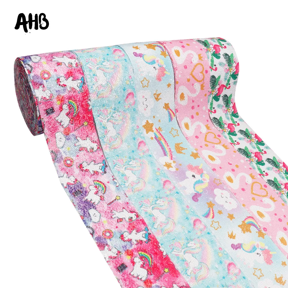 

AHB 75mm Printed Sequin Ribbon Swan Unicorn Printed Ribbons For Bows DIY Hair Accessories Decoration Handmade Crafts Ribbons 2Y