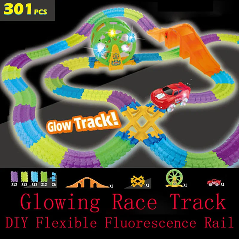 

Glow Tracks With Race Car interesting Track Game DIY Assembly Music Race Electronic Lights Rail Funny Toys for Children