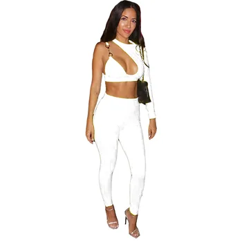 

2019 Women Crop Top And Long Pants Club Two Piece Set One Shoulder Bodycon Matching Sets Summer Sexy Outfits