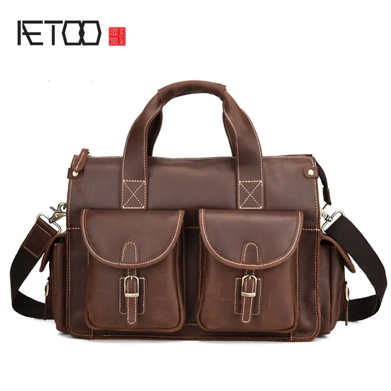 

AETOO New Crazy Horse Leather Men's Briefcase Retro Laptop Bag Crazy Horse Leather Shoulder Messenger Bag