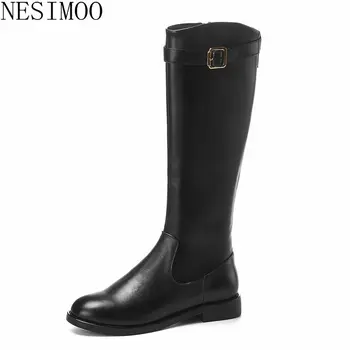 

NESIMOO 2019 Women Shoes Boots Genuine Leather Square Low Heel Zipper Round Toe Concise Casual Western Style Size 34-43