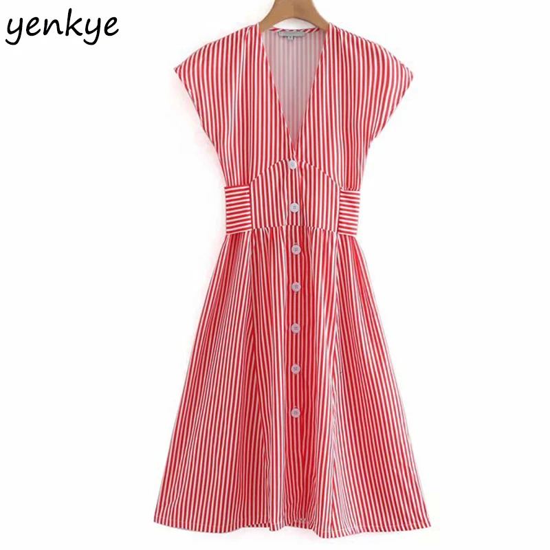 

2019 Women Bow Belt Striped Dress Fashion Lady V Neck Short Sleeve Midi A-line Slim Summer Dress sukienki XNWM8796